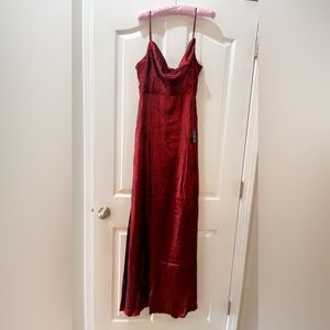 Red metallic cowl neck dress with high slit
